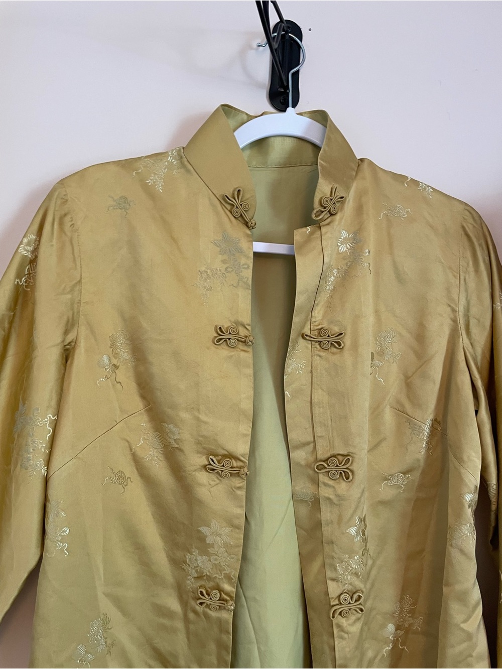 Silk Stand Collar Jacket in Gold Silk Brocade Frog Closures